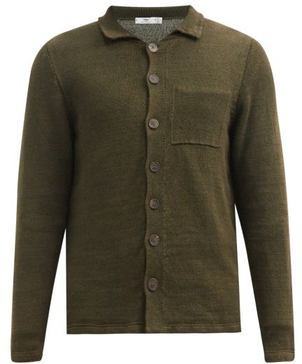 Inis Meáin Point-collar Knitted-linen Cardigan Khaki ShopStyle