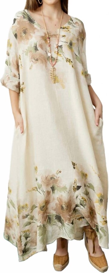 Puro Lino Westley Floral Print Linen Dress In Beige