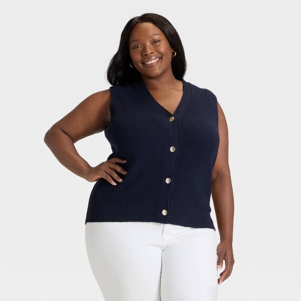 Ava & Viv Women'sV-NeckShakerStitchButton-FrontCardiganSweater-Ava&Viv™NavyBlueXXL