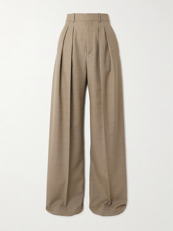 SAINT LAURENT - Pleated Wool-canvas Wide-leg Pants - Neutrals
