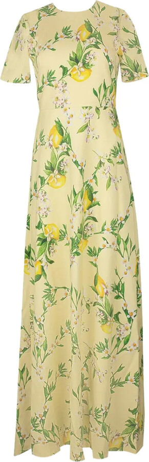 Monique Lhuillier Lemon-Print Short-Sleeve Gown
