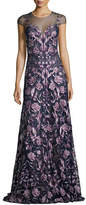 Thumbnail for your product : Marchesa Notte Cap-Sleeve Embroidered Floral Mesh Gown, Navy/Purple