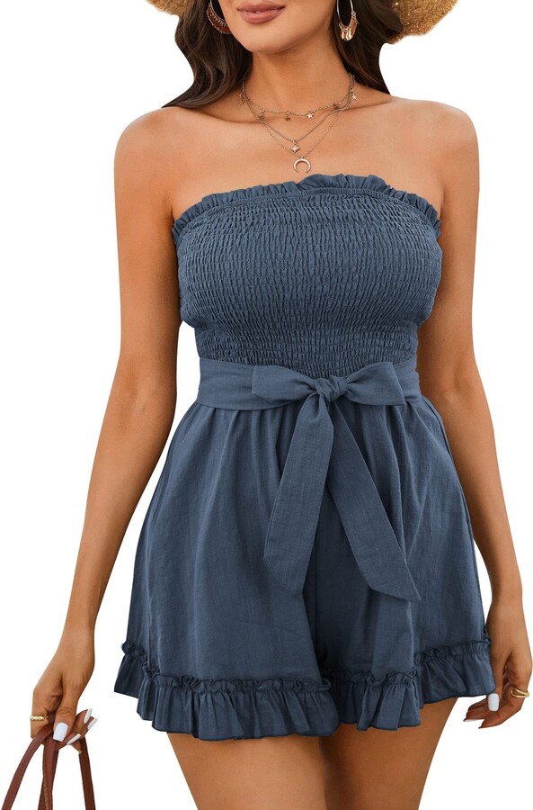 Women's Summer Cotton Linen Off Shoulder Rompers Strapless Ruffle Short  Jumpsuit Dress S-XXL