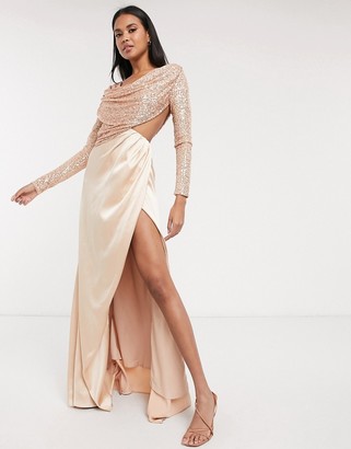 Virgos Lounge wrap skirt maxi dress with embellished draped bodice in rose gold