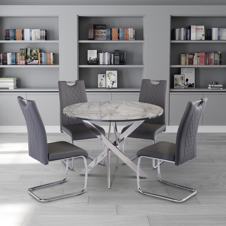 Dunelm Alden Round 4 Seater Dining Table Marble Effect Glass White/Grey