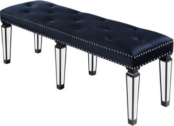 Dark Navy Velvet Bench With Mirrored Leg Inlays For Bedroom Grace And Allure Intrigue