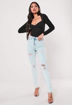Missguided Tall Blue Highwaisted Acid Wash Ripped Skinny Jeans