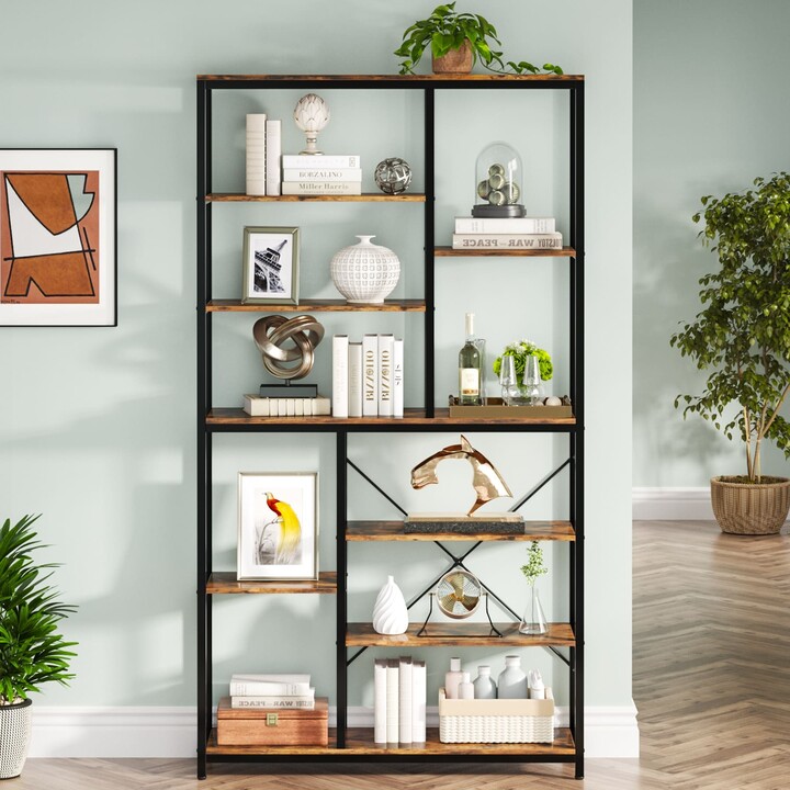 LEE Furniture Industrial 8Tier Large Bookshelf, Wood Etagere Bookcase