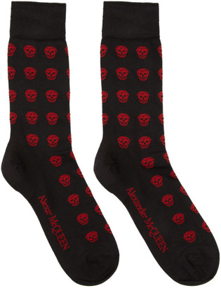 Alexander McQueen Black and Red Silk Short Skull Socks