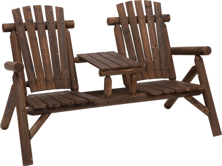 Outsunny Wooden Adirondack Chairs, Outdoor Double Seat Bench with Center Table for Patio, Backyard, Deck, Fire Pit, Carbonized