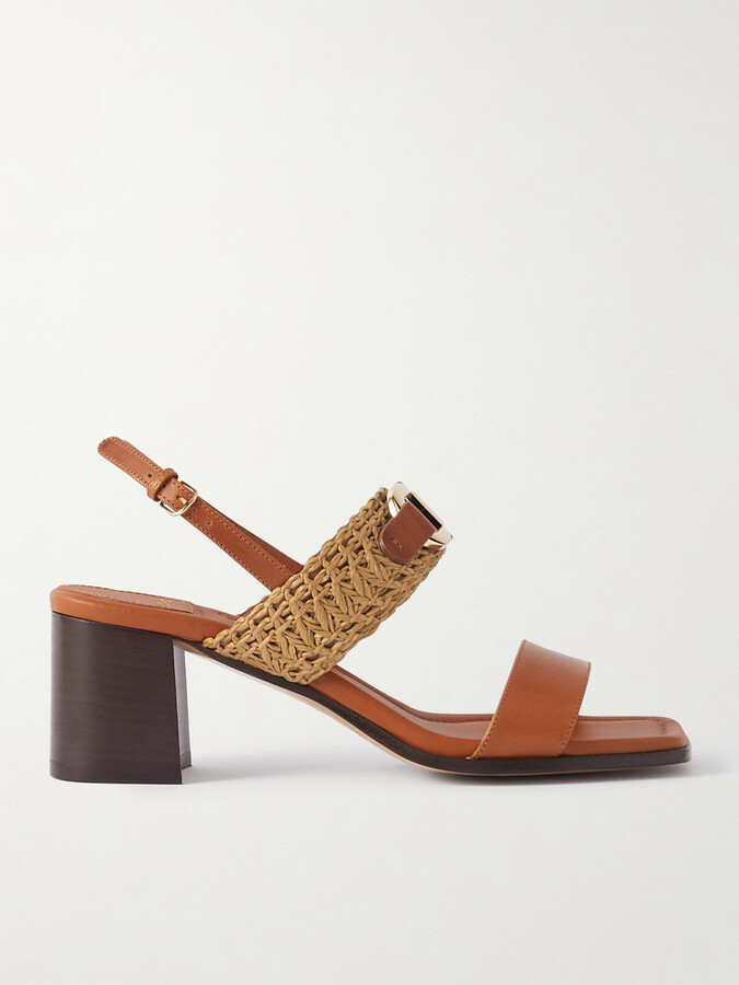 Ferragamo Lou Raffia-trimmed Embellished Leather Slingback Sandals - Brown