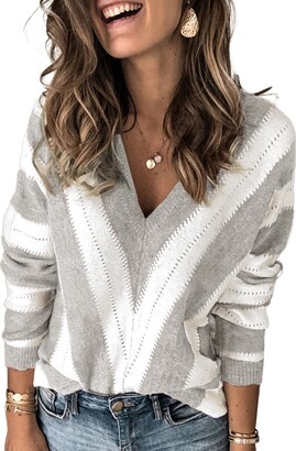 Ecrocoo Womens Oversized Sweaters V Neck Stripe Knitted Pullover Plus Size  Casual Lightweight Loose Winter Tops - ShopStyle