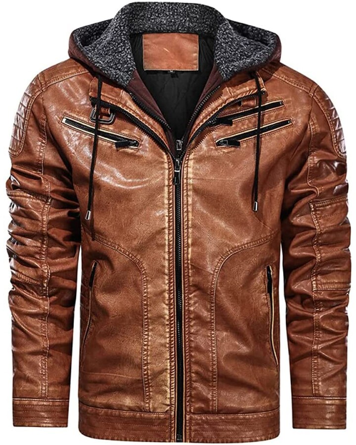 Mikowoo Men's Faux Leather Jacket with Removable Hood Motorcycle Bomber ...