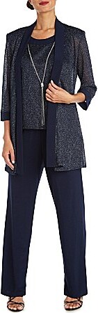 R & M Richards R M Richards Metallic Knit 34 Sleeve Open Front 3 Piece Jacket Pant Set