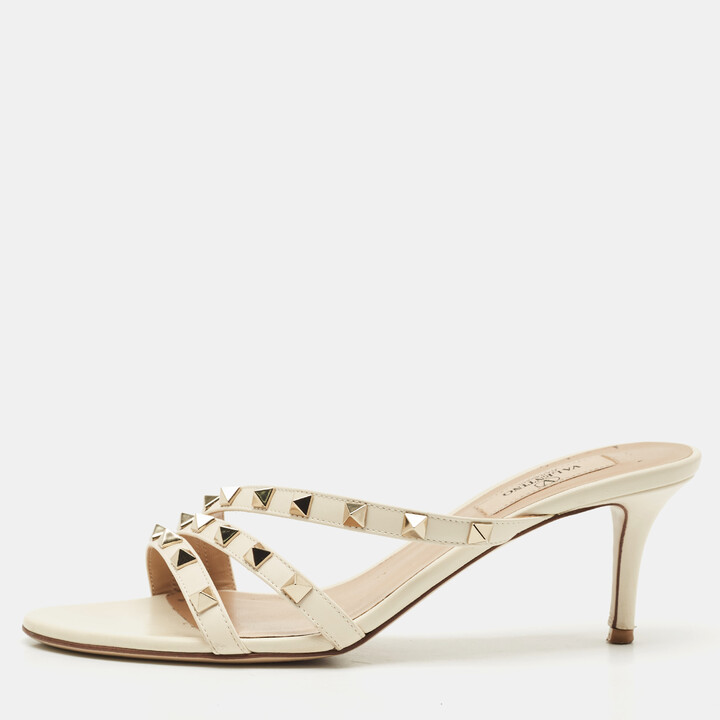 Valentino Light Cream Leather Rockstud Slide Sandals Size 38
