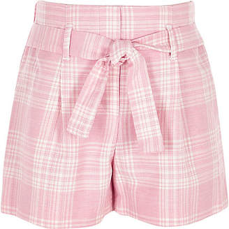 River Island Girls Pink check tie waist short