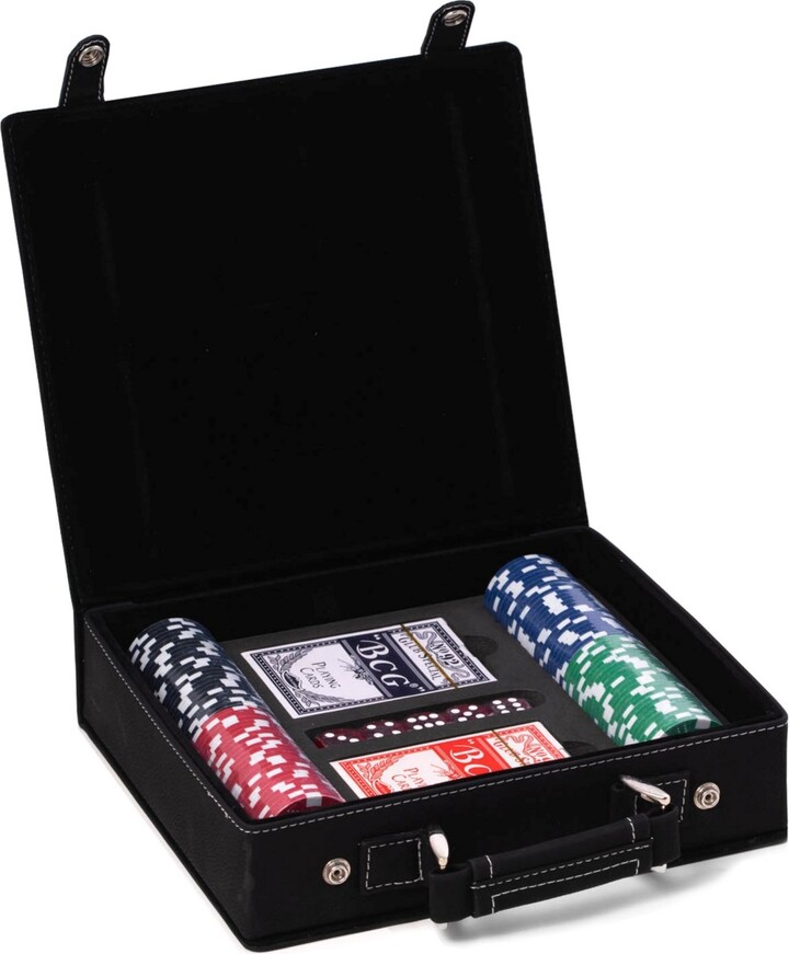 Bey-Berk Poker Set Case with 100 Clay Poker Chips, Two Decks of Playing Cards, 5 Dice