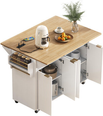 Fluted Kitchen Island With 2 Drop Leaf, Kitchen Storage Cart With Power Outlet, 4 Doors, Spice Rack, Rolling Island Table With Wood-Grain Top, Curved