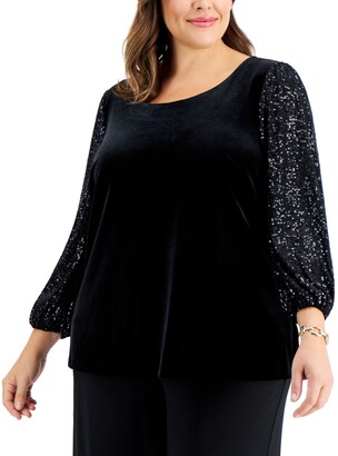 Alex Evenings Plus Size Sequined-Sleeve Top