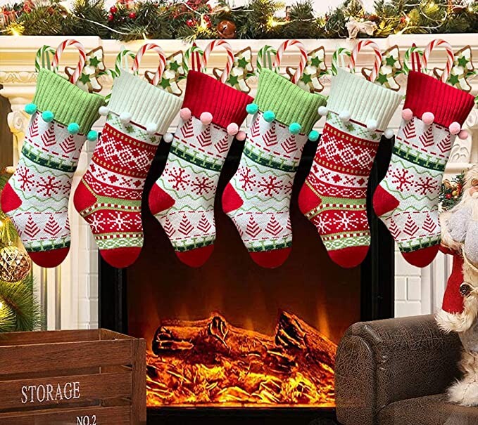 6 Pack Large Knit Christmas Stocking,19 inches Colorful Knitting Xmas Cuff Stockings,Classic Large Stocking Decorations for Family Holiday Season Decor