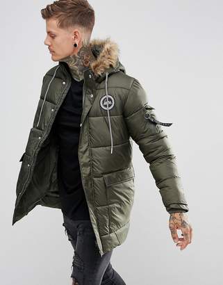 Hype Padded Parka In Khaki With Faux Fur Hood