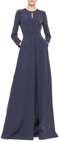 Thumbnail for your product : Akris Long-Sleeve Silk Crepe Pleated A-Line Gown, Navy