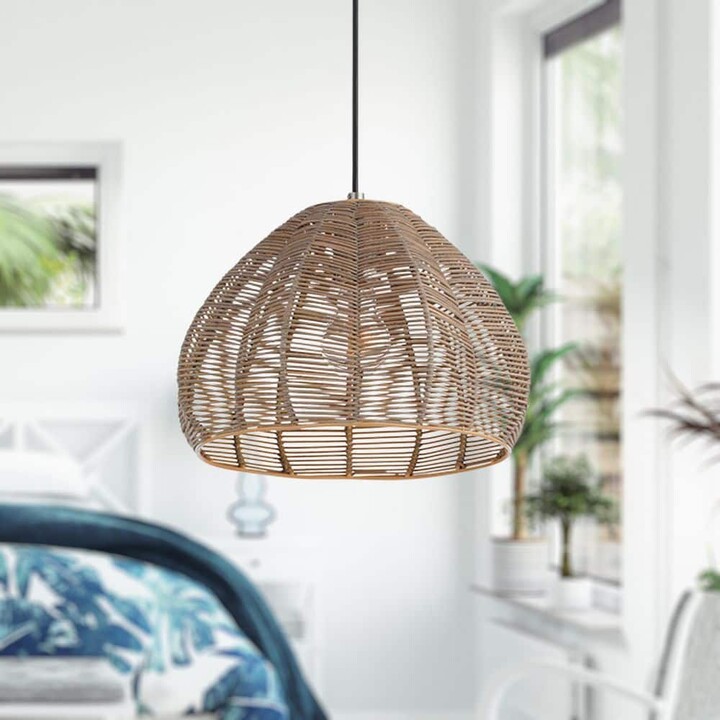 River of Goods Alma 1-Light Silver Hanging Pendant with Brown Rattan Cloche Shade