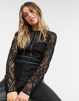 Thumbnail for your product : Ever New high neck lace top with studded detail in black