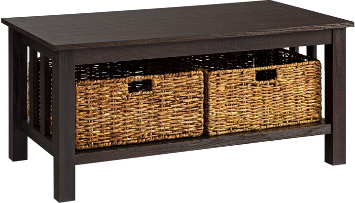 Walker Edison Alayna Mission Style Two Tier Coffee Table with Rattan Storage Baskets