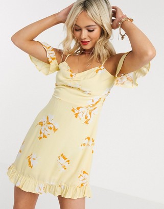 Gilli mini dress with cold shoulder detail in yellow floral