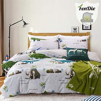 FenDie Home Elephant Bedding Set Gray, Twin Kids Dinosaur Printed Duvet Cover Set Cotton Reversible Plaid, 2 Fitted Pillow Covers