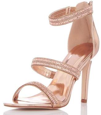 Quiz Rose Gold Diamante Triple Strap Heeled Sandals