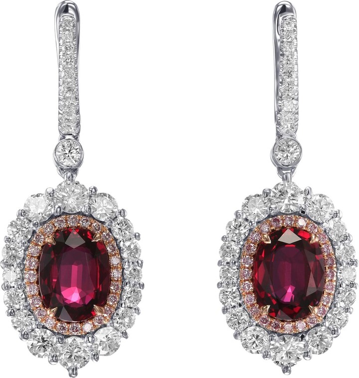 Leibish and Co. USA Inc 4.57 Cts Tw Certified Oval Mozambique Ruby And Diamond Double Halo Earrings
