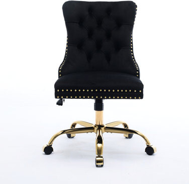 Mercer41 Velvet Upholstered Office Chair With Golden Electroplated Metal Base, Adjustable Swivel, Button Hand - Pulled Buttons, Decorative Nailhead Trim, Tripl