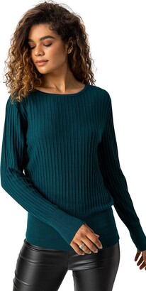 Roman Originals Women Ribbed Textured Jumper - Ladies Everyday Casual Day  Round Neck 3/4 Sleeve Fitted Stretch Comfortable Sweater Knitwear Fashion  Jumpers - Emerald - Size 20 - ShopStyle