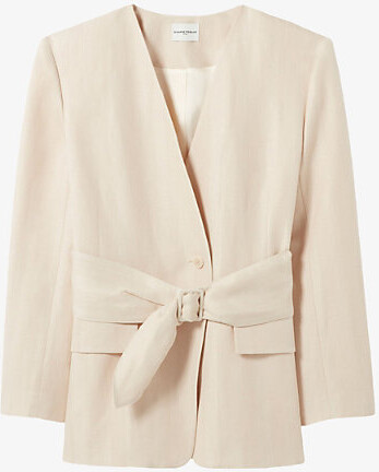 Claudie Pierlot Womens Sand Belted Kimono-Collar Linen-Blend Jacket 10