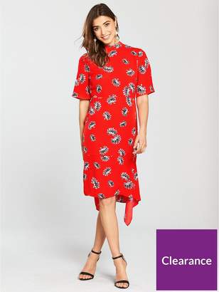 Warehouse Fan Floral Cut-Out Back Midi Dress - Red
