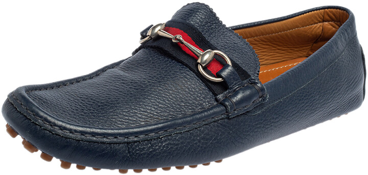 Gucci Blue Leather Horsebit Web Detail Driver Loafers Size 45.5 - ShopStyle
