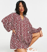 Thumbnail for your product : ASOS Petite DESIGN Petite button through oversized mini smock dress with long sleeves in berry floral print
