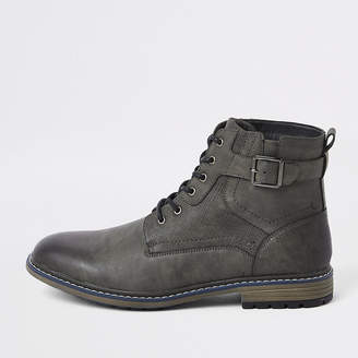 River Island Dark grey lace-up buckle military boots