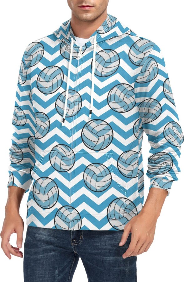 CUPADA Mens Full Zip Hoddie Blue and White Zigzag Long Sleeve Casual Sweatshirt with Pocket Jacket Fall Winter Coat