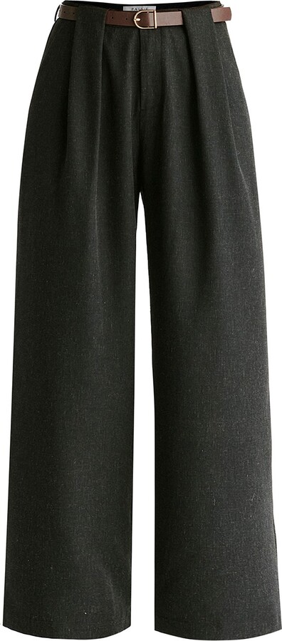 Paisie Grey Belted Wide Leg Trousers With Box Pleats In Charcoal