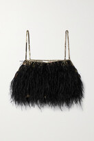 Thumbnail for your product : LoveShackFancy Dusty Cropped Feather-trimmed Printed Silk-crepe Camisole - Black