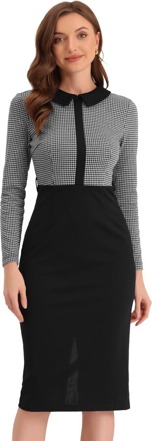 DARING DIVA Contrast Placket Houndstooth Printed Bodycon Dress M Black