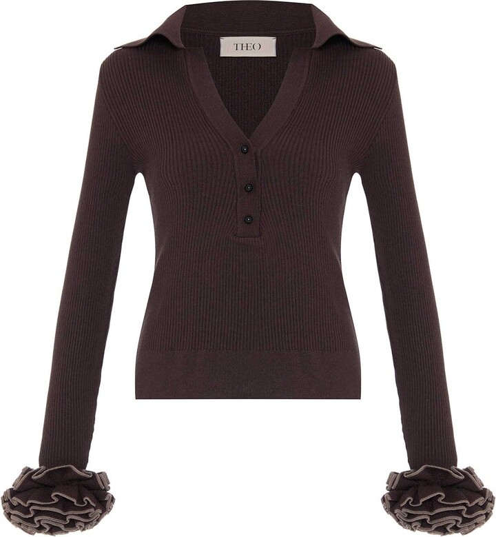 Theo the Label Brown Nomia Ruffle Sleeve Johnny Sweater - Koffee Bean / Wheat