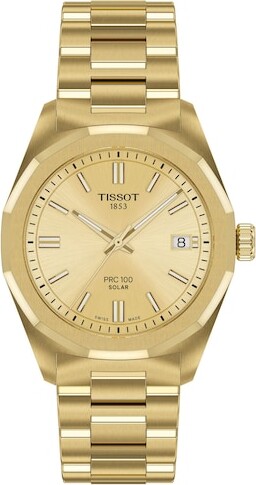 Zales Unisex Tissot PRC 100 Solar Watch with Gold-Tone Dial and PVD Bracelet (Model: T1518223302100)