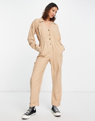 ASOS DESIGN long sleeve shirred waist boilersuit in oatmeal - ShopStyle  Jumpsuits & Rompers