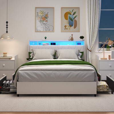 Latitude Run Full Size Metal Bed Frame With White Leather Main Material And Engineered Hardwood, Ergonomic Headboard, Outlets, , Storage, No Box Spring Needed Mate