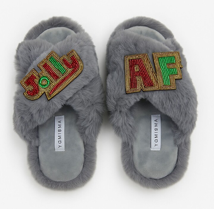 Yomisma Eco-Friendly Holiday Slippers – Jolly + Af Hand Beaded Brooches - Grey