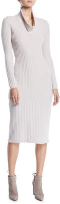 Gentry Portofino Cowl-Neck Long-Sleeve Ribbed Tea-Length Cashmere-Blend Sweaterdress